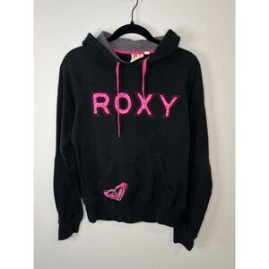 Roxy Womens Hoodie Graphic Back Logo Pullover Black Pink XL